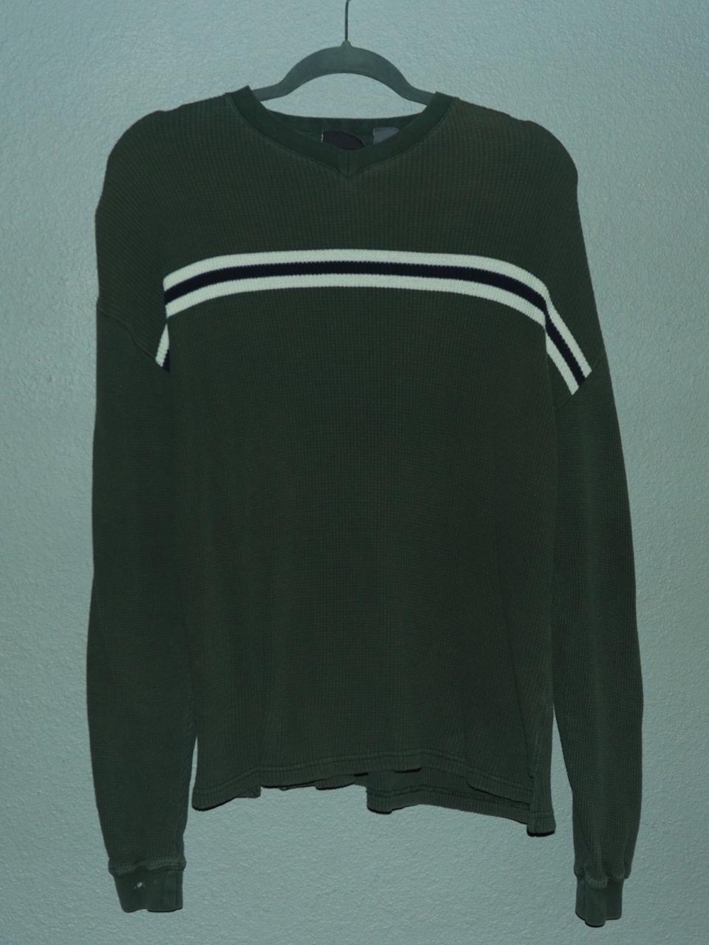 Bugle Boy Olive V-Neck Sweater with White and Navy Stripes